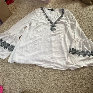 White House Black Market Ivory Blouse with Dark Embroidery